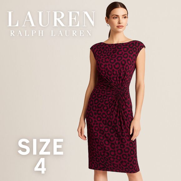 Lauren Ralph Lauren Wine Fuchsia Leopard Sheath Dress Size 4 - Picture 1 of 13